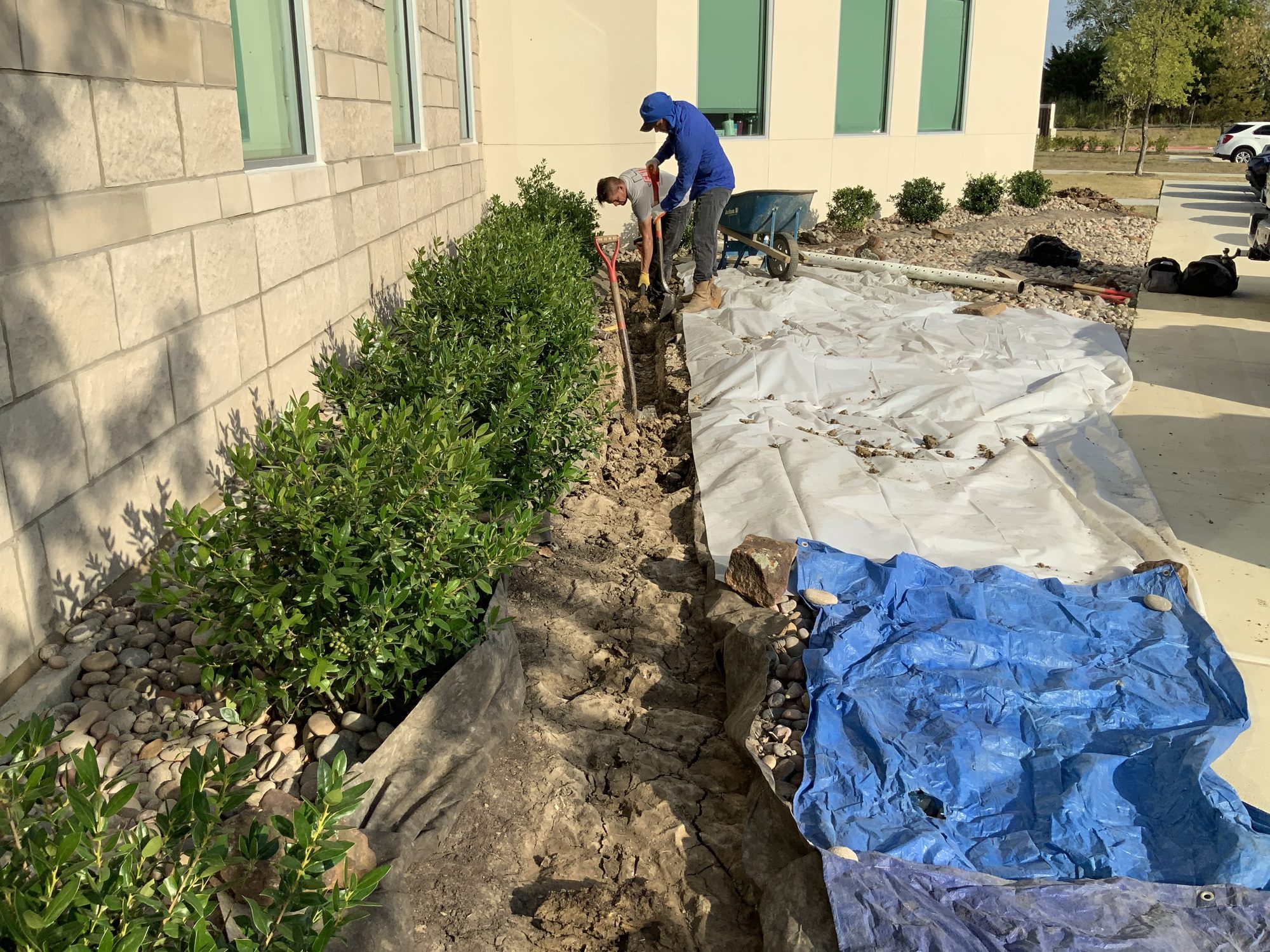 Commercial drainage trench landscape, Imperial Foundation Repair job site in North Texas
