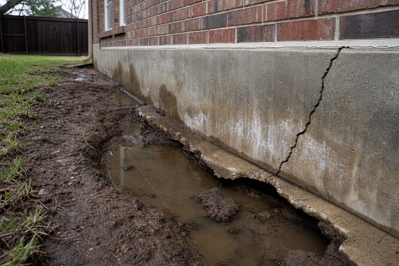 Foundation damage from poor drainage on a North Texas residential property showing diagonal wall cracks, standing water against the slab, and soil erosion at the foundation edge