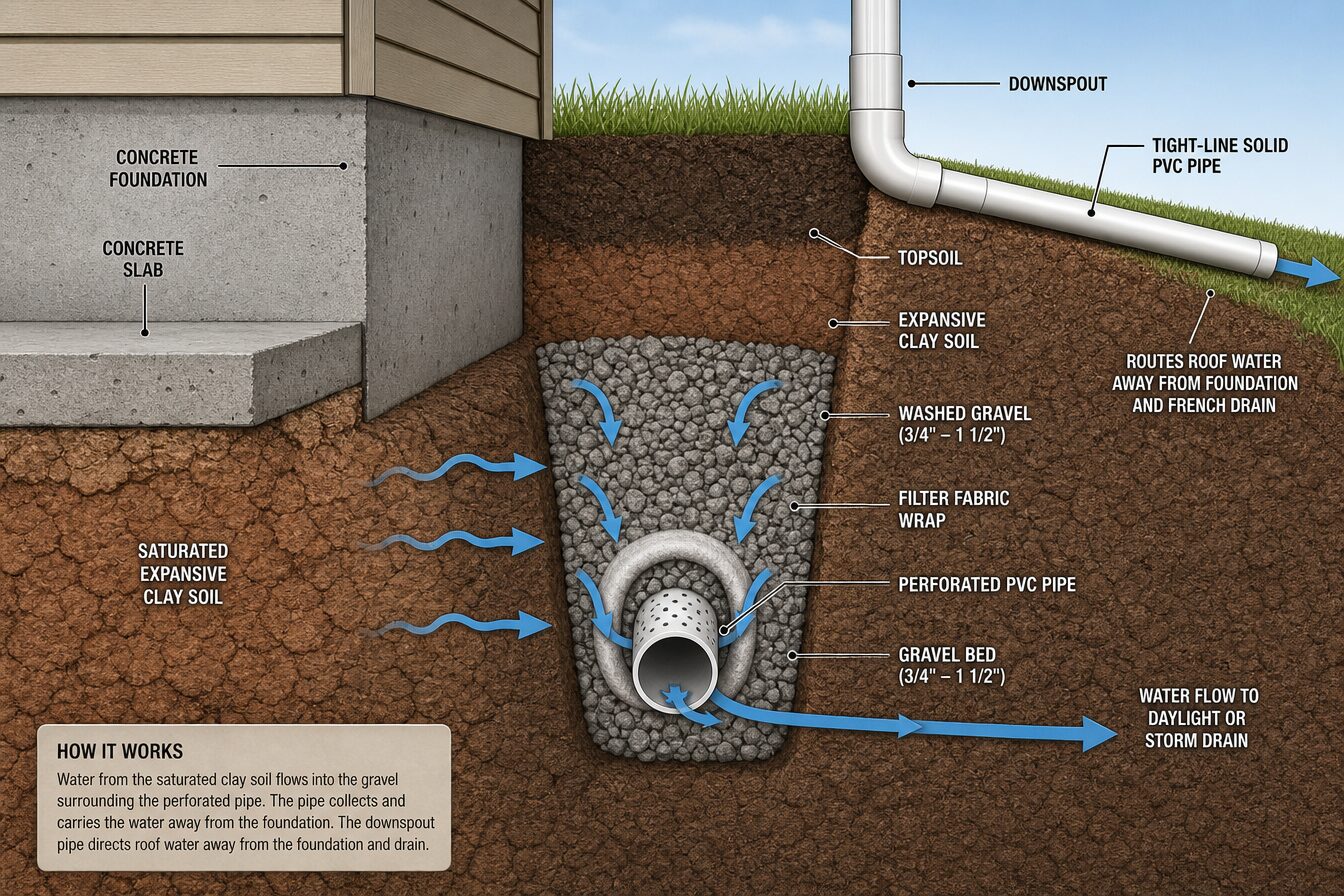 Cross-section diagram of a French drain system installed beside a concrete slab foundation in North Texas clay soil showing perforated pipe, gravel fill, and filter fabric