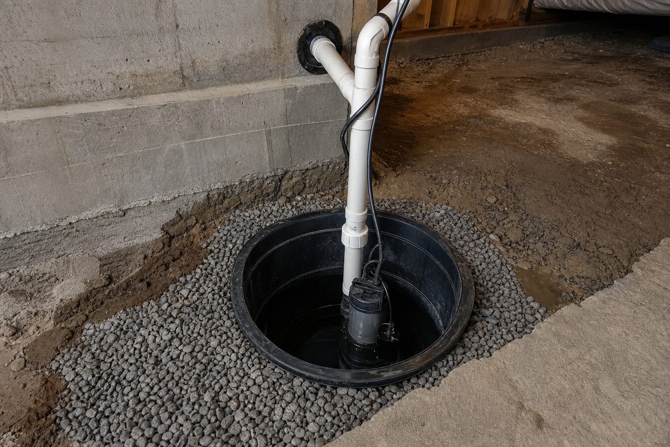 Sump pump basin installed in a residential crawl space with submersible pump, gravel surround, and PVC discharge pipe for foundation water management