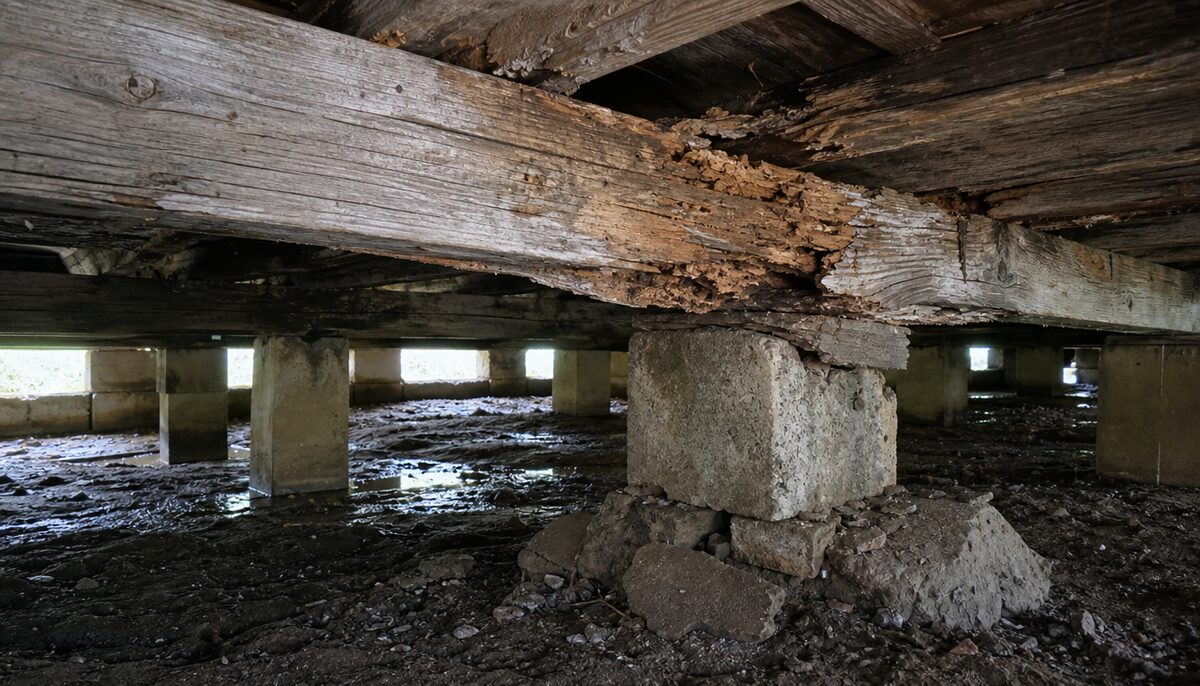 Damaged wooden floor joists and support beams visible underneath a pier and beam home crawl space showing structural deterioration requiring professional repair
