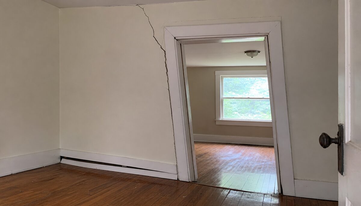 Interior of a home showing sagging floor and diagonal drywall crack near a door frame caused by pier and beam foundation settlement