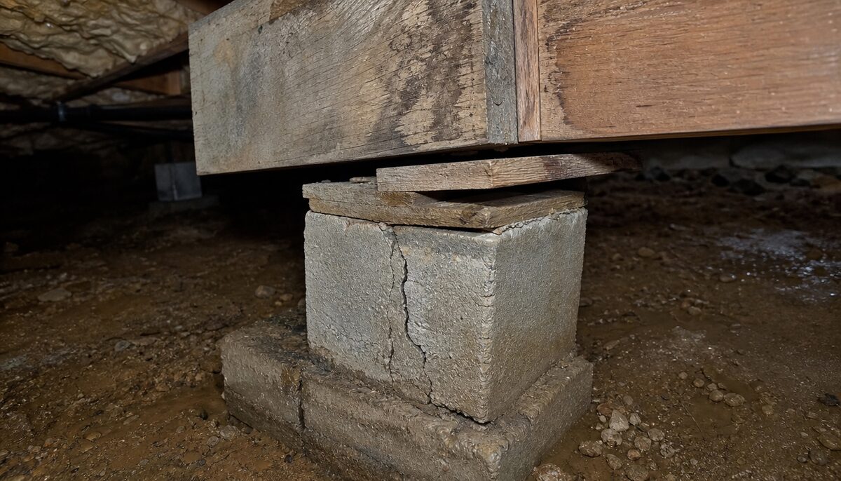 Cracked and shifted concrete pier pad underneath a pier and beam home showing structural displacement requiring professional foundation repair